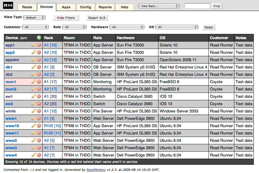 Screenshot of device table view.
